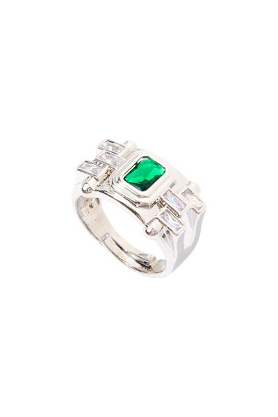 RİVUS Silver Thick Ring with Emerald and White Crystal Stones