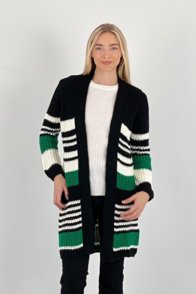Miss Poem Дамски многоцветен раиран зелен плетен кардиган без копчета