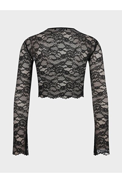 RİVUS Bisiklet Yakalı Uzun Kollu Dantel Crop Bluz - Siyah