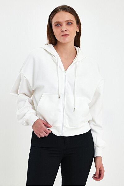 ZACHARIUZ Φούτερ εκρού με μακρυμάνικη κουκούλα και φερμουάρ 0091