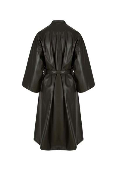 RİVUS Long Vegan Leather Jacket with Belted Waist - Khaki