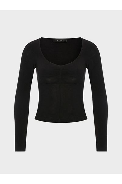 RİVUS Pleated Round Neck Long Sleeve Blouse - Black
