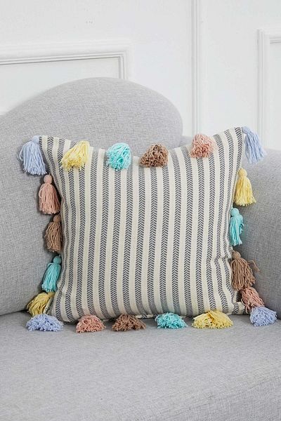 Aisha's Design Colorful Tasseled Gray Striped Throw Pillow Cover,k-272