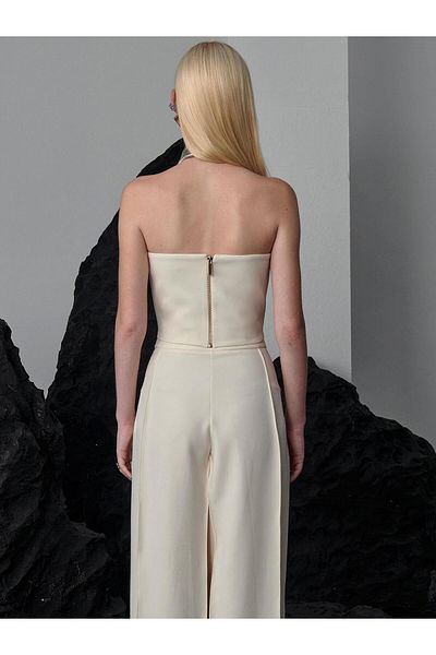 RİVUS Ecru Tone Pre-Decollete Fuzzy Heart Collar Strapless Cut Stylish Bustier