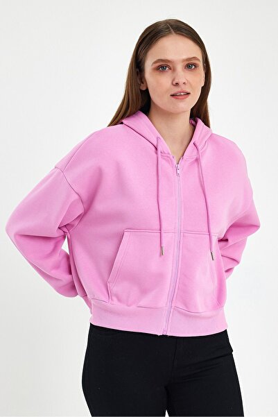 ZACHARIUZ Růžová mikina na zip s dlouhým rukávem a kapucí 0089