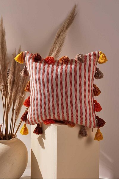 Aisha's Design Colorful Tasseled Orange Striped Throw Pillow Cover, K-272