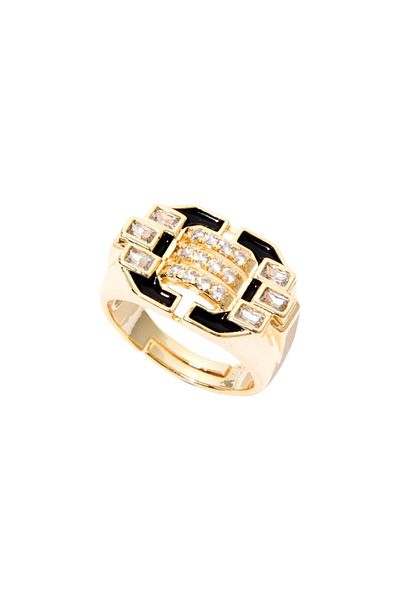 RİVUS Gold - Thick Ring with Crystal Stones and Black Enamel