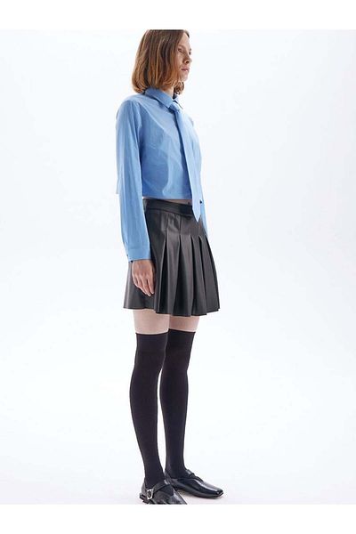 RİVUS Zippered Pleated Mini Vegan Leather Shorts Skirt - Black