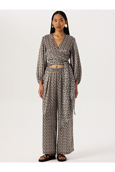 RİVUS Orange Patterned Long Sleeve Blouse - With Belt Tie Detail