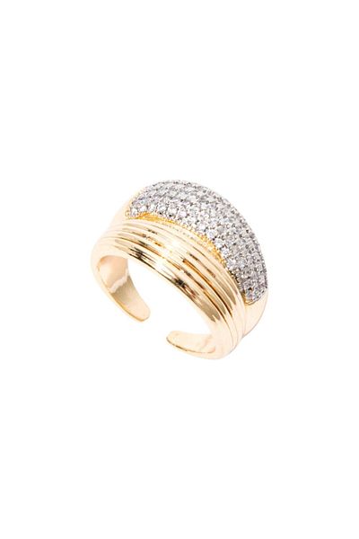 RİVUS Thick Ring with Line Carving and Crystal Stones - Gold