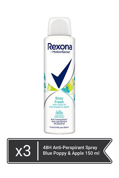 Rexona 48H Anti-Perspirant Spray for women Blue Poppy & Apple 150 ml  x 3 pieces