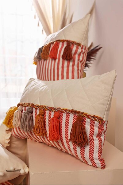Aisha's Design Rectangular Throw Pillow Cover with Orange Stripes and Tassels - K-210