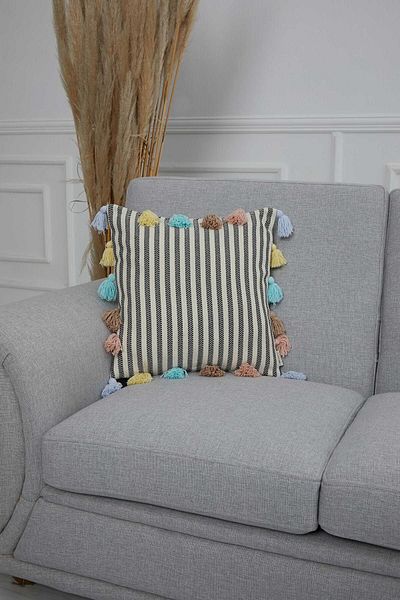 Aisha's Design Orange Striped Colorful Tasseled Throw Pillow - K-272
