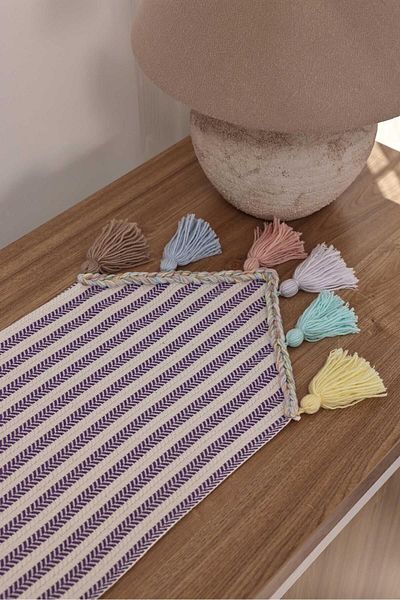 Aisha's Design Purple Striped Runner with Colorful Tassels 90X30Cm,R-47K