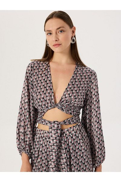 RİVUS Long Sleeve Red Patterned Blouse - With Belt Tie Detail