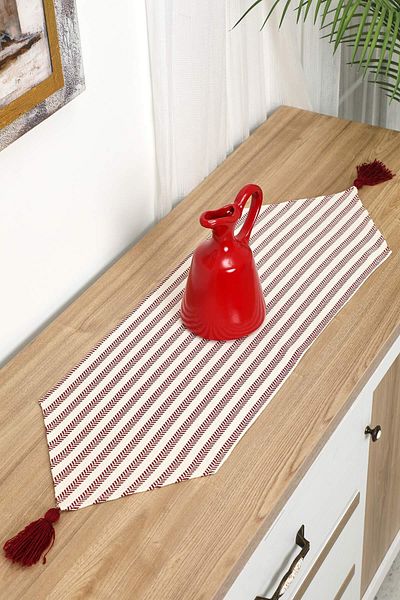 Aisha's Design 90x30 Claret Red Striped Tasseled Runner - R-57k