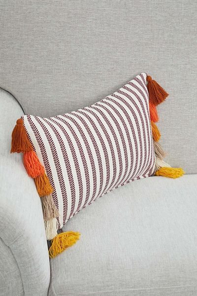 Aisha's Design Colorful Tasseled Rectangular Burgundy Striped Throw Pillow Cover, K-274