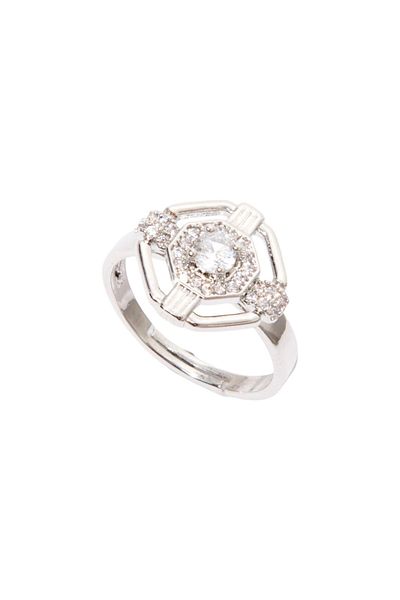RİVUS Silver Colored Crystal Stone Detailed Octagonal Ring