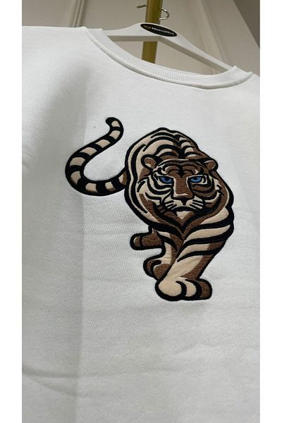 Meryemce Φούτερ με στάμπα με κέντημα White Tiger Premium ύφασμα