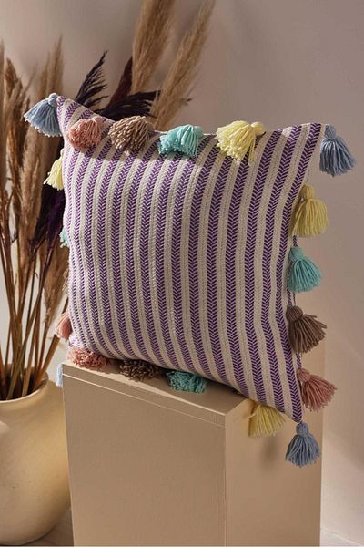Aisha's Design Purple Striped Throw Pillow Cover with Colorful Tassels, K-272