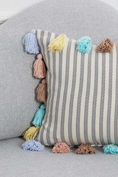 Aisha's Design Colorful Tasseled Gray Striped Throw Pillow Cover,k-272