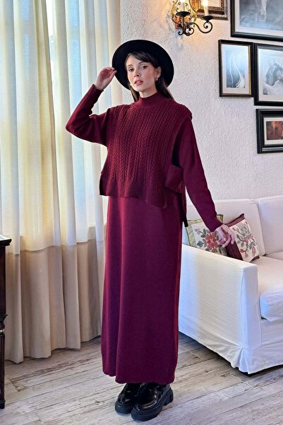 Ceylan Otantik Burgundy Sweater Knitwear Set