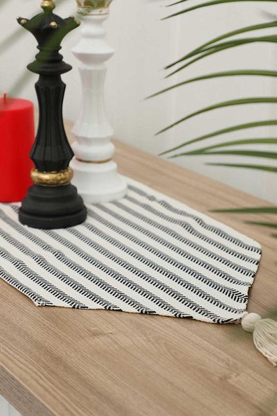 Aisha's Design Black Striped Tassel Runner 90 X 30,R-57K