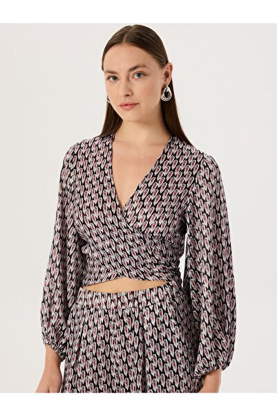 RİVUS Long Sleeve Red Patterned Blouse - With Belt Tie Detail