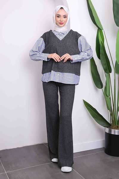 İmajButik Anthracite Garnished Sweater Trousers Set