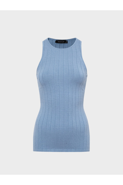 RİVUS Синя в'язана блузка - без рукавів і з горловиною-хомутом