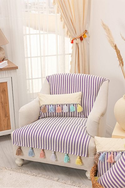 Aisha's Design Colorful Tufted Purple Striped Sofa Cover - Back and Seating Cover, 180x75 Cm, Ko-30t