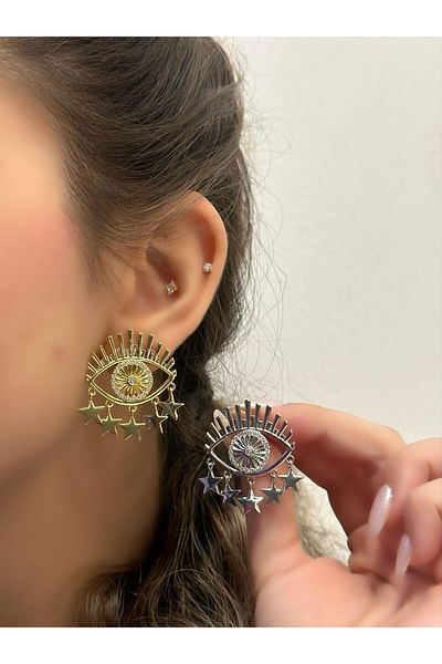 MyladyAccessoriess Zircon Stone Star and Lightning Detail Eye Earrings (Steel) Gold