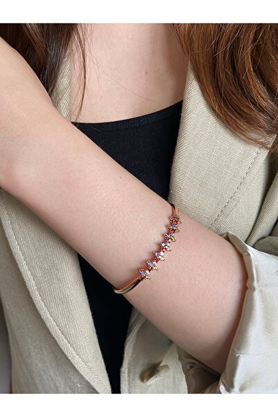 Anetta Jewelry Rose Renk, Renkli Zirkon Taşlarla Çevrili Çelik Kararmaz Kelep...