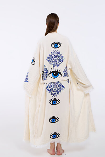 MONO 100% Cotton Natural Ethnic Blue Eye Printed Muslin Kimono