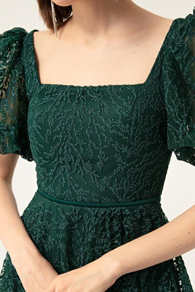 Lafaba Dámské smaragdově zelené večerní šaty s balonovým rukávem stříbrné barvy Midi