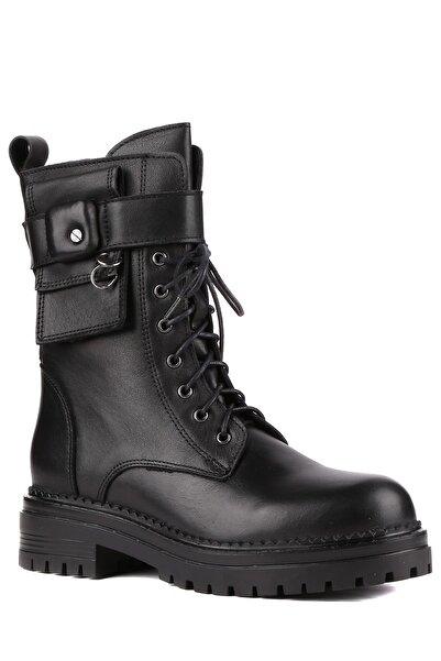 stato - Siyah Hakiki Deri Fermuarlı Kadın Postal Bot 25-4692