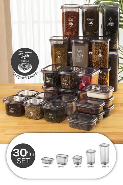 Evlinya 30 Pcs Peggy White Screen Printing Label Food and Spices Set 6X(1.75 1.2 0.55 0.8 0.4 Liters)