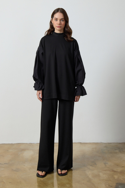 Birgül Bektaş Siyah Büzgülü Kol Detaylı Pantolon Takım