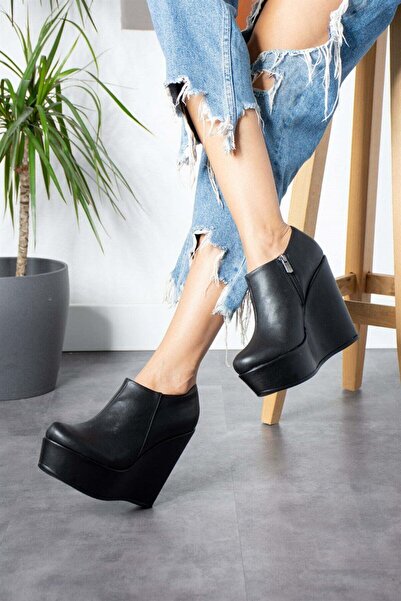 Modanizm Zena Siyah Dolgu Topuklu Deri Bot