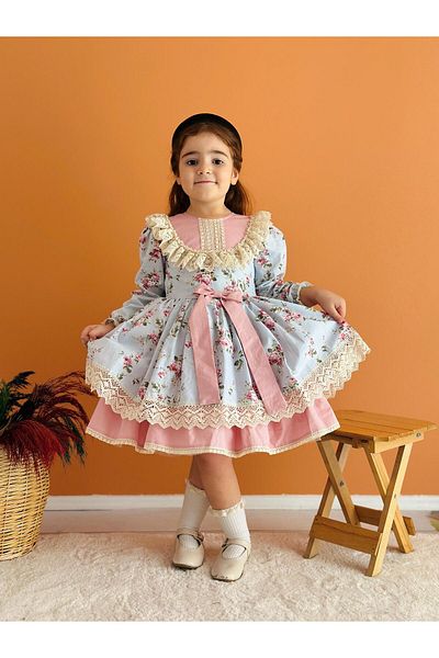 Hly Karol Tasarım Rochie vintage cu flori albastre cu fundita in fata, rochie pentru copii personalizata, rochie de zi de nastere, 0-12 ani U