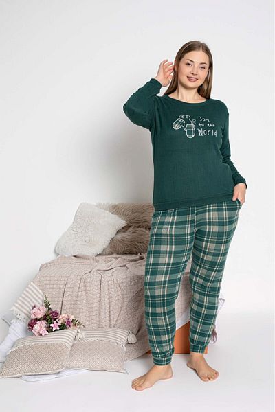 bie's Women's Crew Neck Button-Free Winter Thermal Fabric Wrist Cuff Long Sleeve Jogger Pajamas Set with Pockets