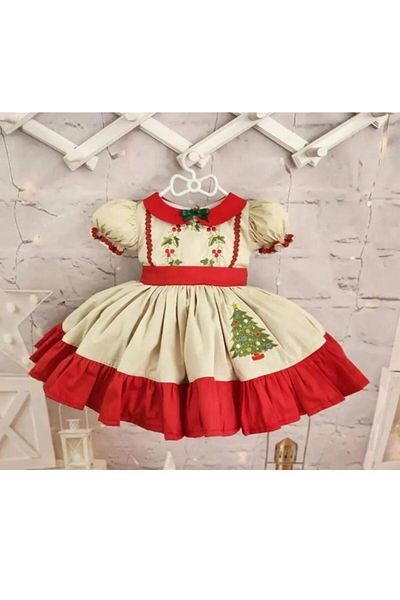 Hly Karol Tasarım Beige Red Ruffled Vintage Baby Girl Dress, Custom Made Girls Dress, Birthday Dress,
