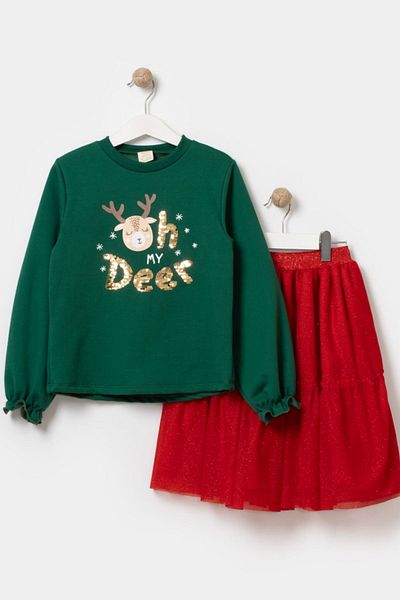 HAUSEkids 5-8 Years Old My Deer Candy Girl's Skirt Suit - Green