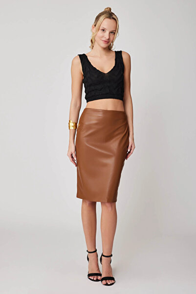 STYLE NİŞANTAŞI Kadın Kahverengi Arkası Yırtmaçlı şardonlu Deri Kalem Etek