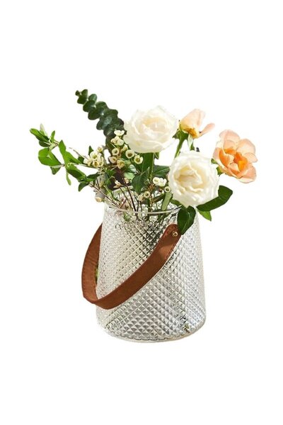 BAK GEL AL Sumka Deri Kulp Detaylı Şeffaf Cam Vazo, İskandinav Şıklığı, Zarif ve Fonksiyonel Tasarım