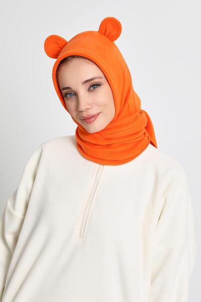Aisha's Design Women's Hooded Fleece Beanie, Scarf, Neck Warmer Shawl, Winter Hat with Ears, B-83Pl, Orange