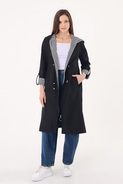 Hazel Women's Black Waist Drawstring Hooded Trench Coat
