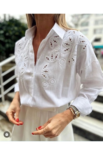 ÇİZGİ Önü fistolu keten beyaz  gömlek