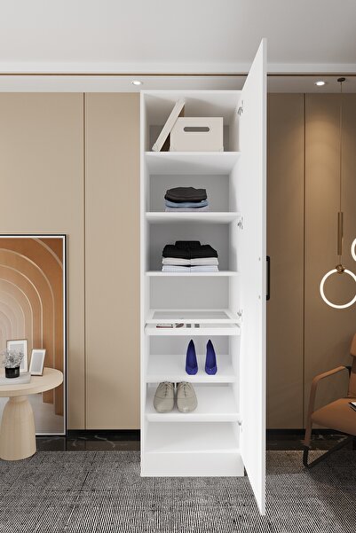 Mercie KAPAKLI 60 Cm'lik 3 Raflı 1 Cam Raflı Takılıklı Ayakkabılıklı Giyinme Dolap- BEYAZ