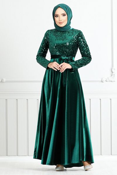 ModaMerve Emerald Sequined Velvet Evening Dress - 2015Efy931-M